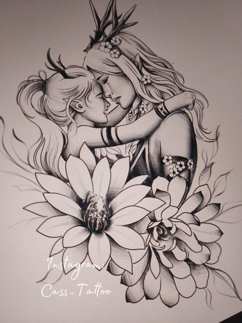 Sleeve For Daughter Tattoo, Mom And Daughter Portrait Tattoo, Mother Daughter Portrait Tattoo, Mother With Daughters Tattoo, Mother Sleeve Tattoo Ideas, Baby Girl Tattoo Ideas For Mom, Lady Tattoos For Women, Woman Face Tattoo Design Drawings, Mother Tattoo Design