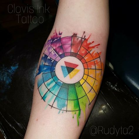 Color wheel tattoo watercolor style. Tattoo artist rudy acosta. Clovis ink tattoo, Clovis ca. #colortattoo #colorwheeltattoo #watercolor #watercolortattoo #femaletattoo #girltattoo Color Wheel Tattoo Hairstylist, Color Wheel Tattoo, Kaleidoscope Tattoo, Hairdresser Tattoos, Tattoo Website, Wheel Tattoo, Tattoo Watercolor, Cactus Tattoo, Rainbow Tattoos