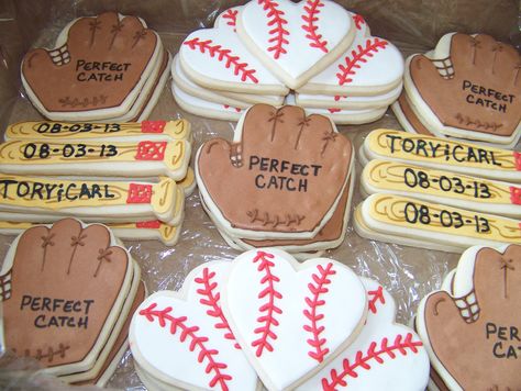 Baseball themed bridal shower cookies Baseball Wedding Shower, Softball Wedding, Baseball Themed Wedding, Baseball Wedding, Couples Bridal Shower, Couple Wedding Shower, Bridal Shower Cookies, Themed Bridal Shower, Sports Wedding