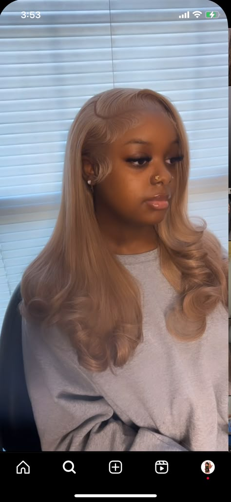 Darkskin With Ash Blonde Wig, Wig Colours For Dark Skin, Blonde Wig Black Women Side Part, Honey Blonde Lace Front Wigs Styles, Light Brown Lace Front Wig, Honey Blonde Wigs Black Women, Ash Blonde Side Part Black Women, Ash Blonde Sew In, Tone Blonde Wig Black Women