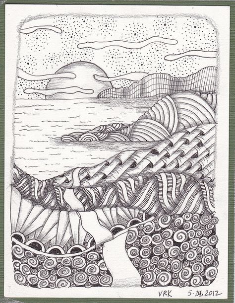 Zen landscape by val71655, via Flickr Zen Landscape, Zentangle Artwork, Tangle Doodle, Zentangle Designs, Doodle Inspiration, White Drawing, Tangle Art, Tangle Patterns, Zentangle Drawings