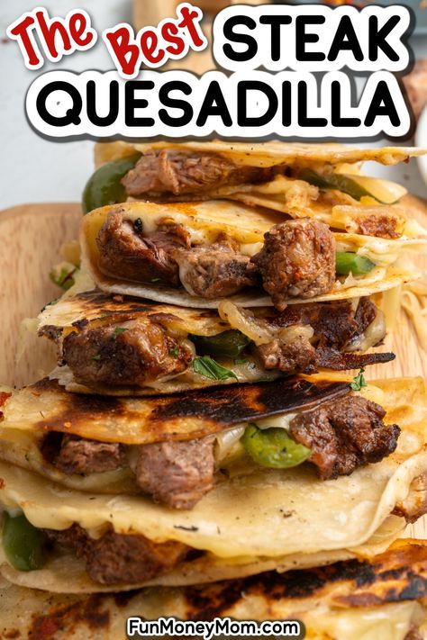 This Steak Quesadilla recipe combines slices of mouthwatering steak, melted cheese, and tender veggies, all nestled in a crispy tortilla. They’re the perfect easy dinner or snack for the whole family! Steak Quesadilla Marinade, Leftover Steak Quesadilla, Ideas For Leftover Steak, Leftover Ny Strip Steak Recipes, Leftover Sirloin Steak Recipes, What To Do With Leftover Steak, Leftover Ribeye Steak Recipes, Recipes For Leftover Steak, Leftover Ribeye