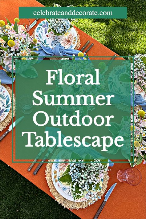 summer dinner table with text overlay floral summer outdoor tablescape Summer Solstice Tablescape, Outdoor Tablescapes, Tumbler Posts, Summer Tablescapes, Bridesmaid Luncheon, Blue Napkins, Baby S Breath, Unique Vases, Summer Tables