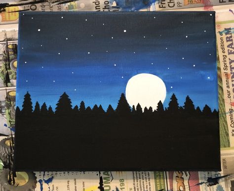 Night Landscape Painting Easy, Night Scene Drawing, Night Scenery Drawing, Night Sky Drawing, Watercolor Scenery Painting, Cute Easy Paintings, Sunset Canvas Painting, Oil Pastel Drawings Easy, Watercolor Scenery