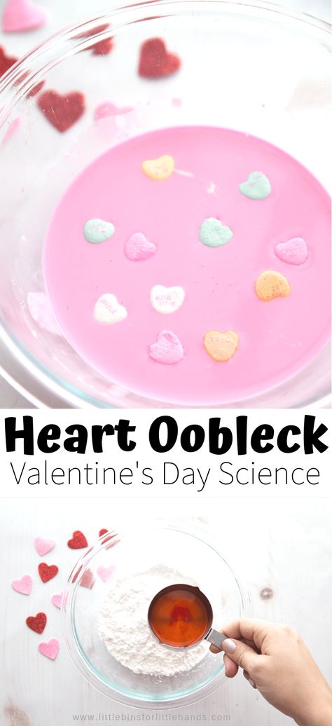 Candy Hearts Oobleck Recipe - Little Bins for Little Hands Science Day Activities, Candy Hearts Activities, Valentine Stem Activities, Oobleck Recipe, How To Make Oobleck, Valentine Stem, February Themes, Valentines Activities, Valentine Sensory