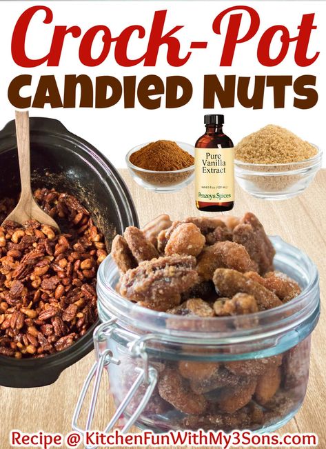 Candied Nut is a mixture of nuts, pecans, almonds, and cashews candied in vanilla, sugar, brown sugar, and cinnamon. Quick, Easy and can be made in the Slow Cooker or Oven. Candied Nuts Recipe, Slow Cooker Candy, Crockpot Candy, Candied Almonds, Snack Mix Recipes, Nut Recipes, Candied Nuts, Spice Recipes, Snack Mix