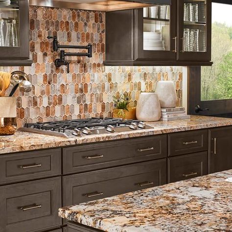 MSI’s most popular granite countertops and backsplashes combine to enhance one another’s best qualities! Brown Granite Countertops, Granite Backsplash, Countertop Backsplash, Brown Granite, Rustic Kitchen Cabinets, Kitchen Backsplash Designs, Backsplash Designs, Granite Countertops Kitchen, White Countertops