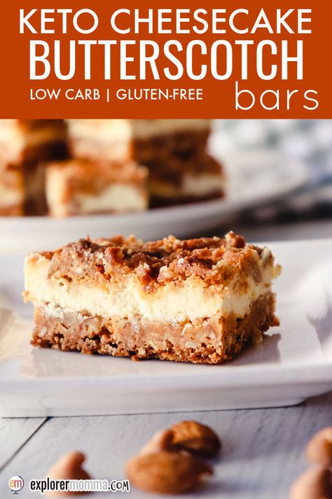 Delicious Keto Cheesecake Butterscotch Bars are packed with the perfect blend of flavors: toasted almond, cinnamon, cream cheese, butterscotch, and a touch of lemon. A fabulous low carb holiday dessert or special occasion treat. Low Carb Holiday Desserts, Butterscotch Bars, Gluten Free Bars, Low Carb Holiday, Cinnamon Cream Cheese, Low Carb Low Sugar, Low Carb Sweets, Keto Cheesecake, Low Carb Diet Recipes