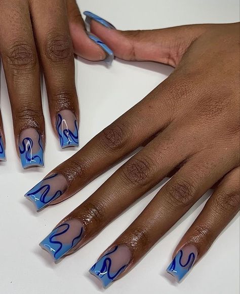 Abstract Acrylic Nail Designs, Creative Short Nail Designs, Opposite Hand Nails, Short Square Nail Art Designs, Asymmetrical Nail Design, Cool Nail Inspo Square, Cute Short Square Acrylic Nails Designs, Short Nails Blue Design, Blue Square Nail Designs