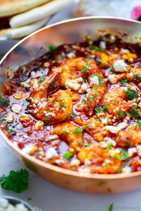 Middle Eastern Shrimp Recipe, Shrimp Saganaki With Feta, Saganaki Shrimp, Tomato And Feta Dip, Shrimp Saganaki Recipe, Prawn Saganaki, Greek Seafood, Shrimp Saganaki, Saganaki Recipe