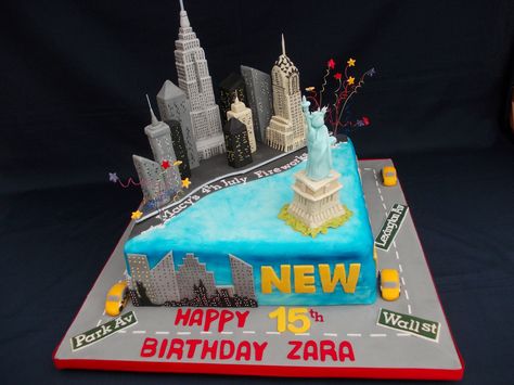 New York cake, with Empire state building, Crysler Tower, Statue of Liberty, and Taxi's! | by Sharon Forbes Building Cake, Nyc Cake, New York Cake, Godzilla Party, Godzilla Birthday, City Cake, Happy 15th Birthday, Travel Cake, Usa Party