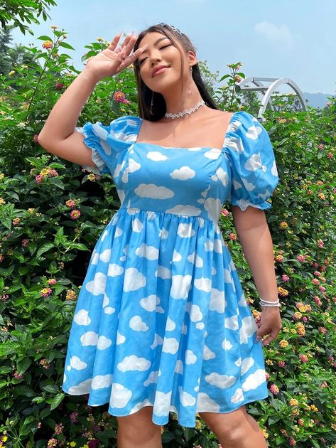 SHEIN Plus Cloud Print Square Neck Puff Sleeve Dress | SHEIN USA White Puff Sleeve Dress Plus Size, Cloud Print Dress, Plus Size Puff Sleeve Dress, Kenna Aesthetic, Floral Design Frocks, Plus Size Birthday Outfit, Outfit Gorditas, Square Neck Puff Sleeve Dress, Sorority Dresses