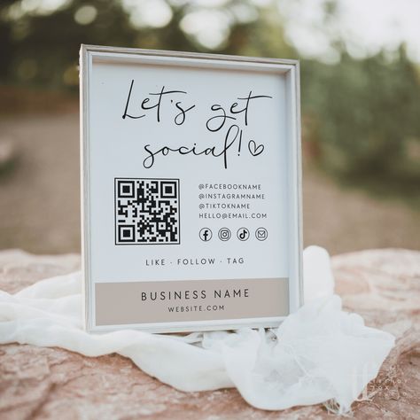 Social Media Connect With Us Sign Canva Template | Carli - Trendy Fox Studio Chiropractic Booth Ideas, Qr Code Display Ideas, Business Qr Code Display, Qr Code Display, Promotional Items Marketing, Branding Collateral, Real Estate Signs, Easter Event, Permanent Jewelry