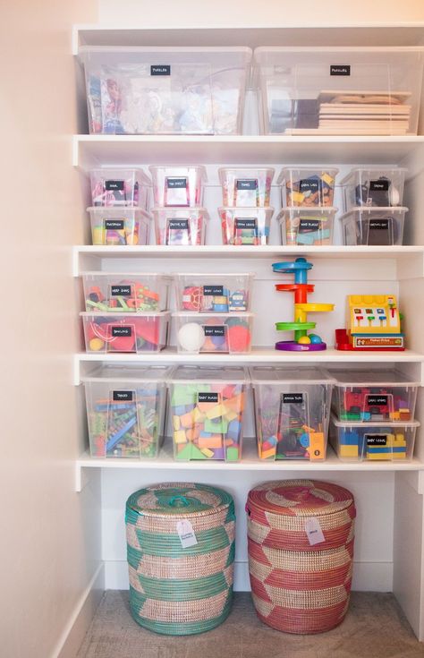 Toy Closet Organization, Easy Closet Organization, Playroom Closet, Craft Closet Organization, Kailee Wright, Simple Closet, Kids Toy Organization, Playroom Storage, Playroom Design