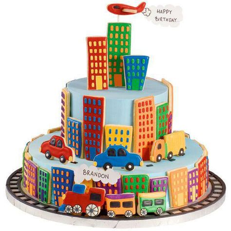 Birthday cake for a boy ... Buildings, cars are sugar cookies!! Too cute!! City Cake, Fig Cake, Pear Cake, Wilton Cake Decorating, Tiered Cake, Childrens Birthday Cakes, Boy Birthday Cake, Cakes For Boys, Birthday Cake Kids