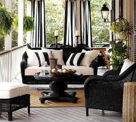 22 Porch, Gazebo and Backyard Patio Ideas Creating Beautiful Outdoor Rooms in Summer Porch Appeal, Black Patio Furniture, Design Per Patio, Black And White Furniture, Backyard Patio Furniture, Southern Porches, Summer Porch Decor, Outdoor Wicker Furniture, Porch Furniture