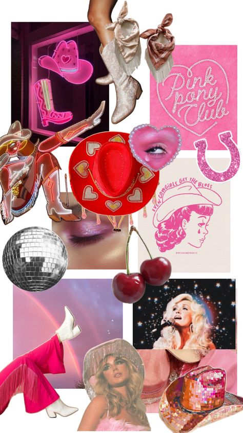 Glitter disco cowgirl aesthetic Red Disco Cowgirl, Cowgirl Disco Aesthetic, Disco Rodeo Inspo 🪩, Glitter Cowgirl Aesthetic, Hootenanny Party, Pink Pony Club Aesthetic, Pink Cowboy Party, Glamour Cowgirl, Space Cowgirl Aesthetic