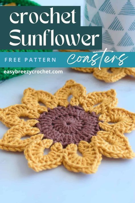 Sunflower Crocheted Coasters, Crocheted Sunflower Coasters, Free Crochet Pattern For Sunflower Coasters, Sunflower Table Runner Crochet, Crocheted Sunflower Coasters Pattern Free, Sunflower Crochet Coaster Pattern, Flower Pot Holder Crochet, Free Crochet Sunflower Coaster Pattern, Sunflower Crochet Coasters