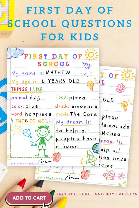 First Day Of School Worksheet is intended for students from kindergarten or 1st grade and will help you to know the kids from your class better. The colorful design and the simple interview questions will make the children cultivate interest and enthusiasm towards school.
Click to shop and download instantly or browse our shop for more back to school items and ideas. First Day Of School Questions, After School Questions For Kids, First Day Of School Questions For Kids, Questions For First Day Of School, Kindergarten Question Of The Day, Kindergarten First Day, School Worksheets, Interview Questions, Letter Templates