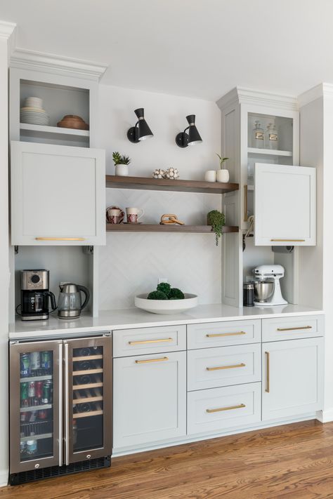 Kitchen remoeling Wheatherstone - Transitional - Home Bar - Atlanta - by YB Interiors, LLC | Houzz AU Coffee Bar Built In, Beverage Station Kitchen, Built In Coffee Bar, Dining Room Built Ins, Dining Room Built In, Light Gray Cabinets, Home Bar Rooms, Home Bar Design, Small Appliance