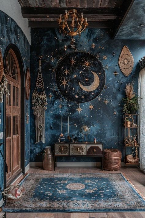 Night Sky Decor, Celestial Living Room Decor, Astrology Themed Room, Celestial House Decor, Cool Entryway Ideas, Blue Walls Decor, Blue And Silver Home Decor, Blue And Silver Living Room Ideas, Mystic Interior