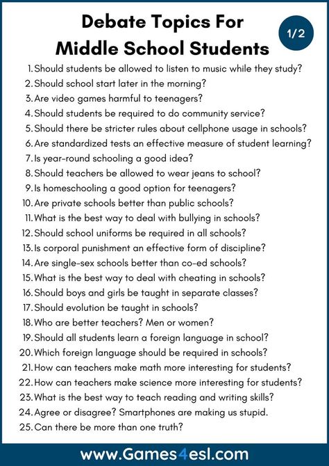 Teaching debate to middle school students? Need debate topics? check out these 50 debate topics for middle school students. Middle School Debate Activities, Debate Activities, Public Speaking Middle School, Research Topics For Middle School, Essay Topics For Middle School, Debate Writing, Good Debate Topics, Topics To Debate About, Essay Prompts Middle School