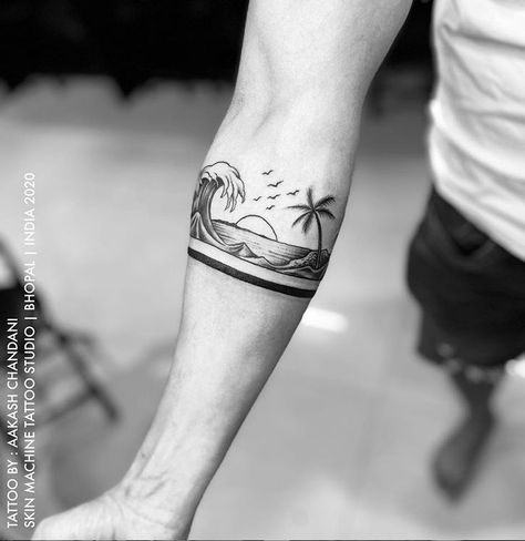 Band Tattoos For Men, Tattoo Band, Surf Tattoo, Wanderlust Tattoo, Forearm Band Tattoos, Small Forearm Tattoos, Band Tattoo Designs, Wave Tattoo, Palm Tattoos