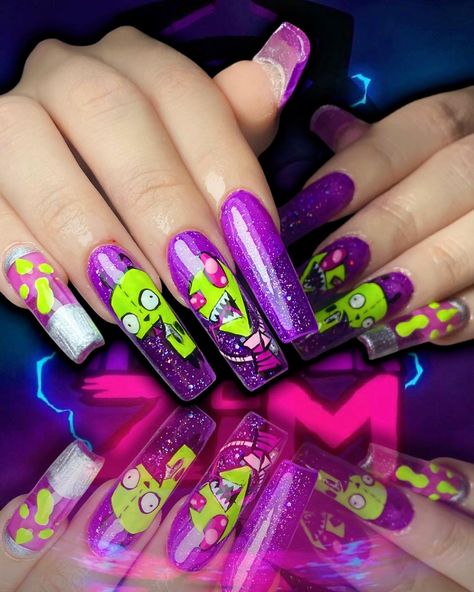 Awesome Nail Designs Creative, Invader Zim Nail Art, Gravity Falls Nail Art, Regular Show Nails, Cartoon Characters Nails, Killer Klowns From Outer Space Nails, Goosebumps Nails, Vaporwave Nails, Invader Zim Nails