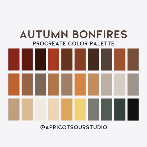 "*DIGITAL DOWNLOAD* Enhance your digital artwork with the warm and captivating hues of the Autumn Bonfire color palette for Procreate. This meticulously crafted collection of colors is inspired by the cozy and enchanting atmosphere of a bonfire on a crisp autumn evening. Revitalize your digital art with the captivating palette of Autumn Bonfire Vibes. Each color has been thoughtfully curated to help you infuse the magic of an autumn bonfire into your creations. Elevate your artwork and evoke the cozy feelings of the season. Get started on your fall-themed projects today! Please note that this listing is for a digital download only. No physical items will be shipped. Upon purchase, you will receive a downloadable .swatches file that can be easily imported into your Procreate app. Product De Autumn Color Pallet, Warm Fall Color Palette, Seasonal Color Palette, Color Palette Autumn, Fall Colour Palette, Autumn Palette, Warm Autumn Color Palette, Autumn Color Palette, Warm Color Palette