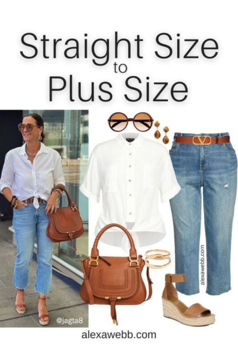 Straight Size to Plus Size - Jeans Outfit - A plus size summer outfit with a white shirt, mom jeans, and espadrille wedge sandals. Alexa Webb Plus Size Basic Outfits, White Mom Jeans Outfit, Summer Wedges Outfit, Plus Size Jeans Outfit, Plus Size French Style, Plus Size White Shirt, Jean Clothes, Mom Jeans Outfit Summer, Wedges Outfit