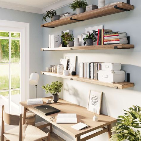 Wallniture Forte 72 in Floating Shelves, Wall Shelves, 3 Pcs, Burnt, Wood - Bed Bath & Beyond - 40018006 Shelves Above Desk, Office Wall Shelves, Organize Books, Kitchen Floating Shelves, Rustic Wall Shelves, Floating Bookshelves, Burnt Wood, Shelves Wall, Shelving Design