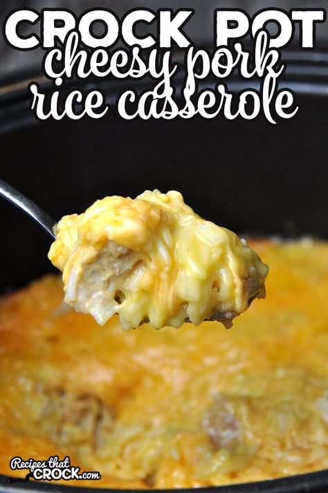 Pork And Rice Casserole, Pork Casserole Recipes, Crock Pot Cheesy Chicken, Cheesy Chicken Rice Casserole, Cheesy Pork Chops, Pork And Rice, Cheesy Chicken Rice, Pork Chops And Rice, Pork Casserole