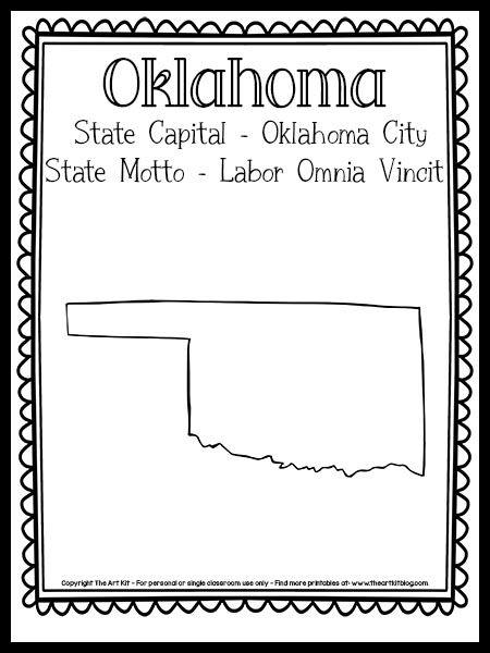 Oklahoma State Map Outline Coloring Page {FREE Printable!} - The Art Kit Oklahoma Coloring Pages, Social Studies For Kids, State Project, Geography For Kids, Coloring Page Free Printable, The 50 States, State Symbols, Maps For Kids, Map Outline