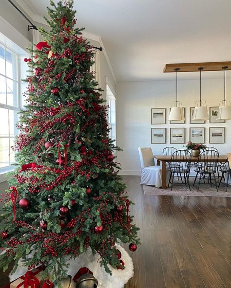 Corey Decker | Decided my Christmas decor deserved a permanent spot in my feed. Thank you so much for your constant support and cheerleading from a far.… | Instagram Deep Red And Green Christmas Tree, Christmas Tree Cranberries, Christmas Tree With Berries, Christmas Tree Berries Decorating Ideas, Cherry Christmas Tree, Berries Christmas Tree, Christmas Tree 2024 Ideas, Tree Christmas Decoration, Christmas Tree With Red Berries