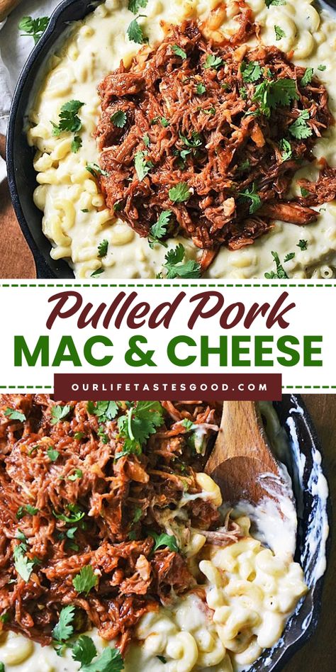 Dig into Pulled Pork Mac and Cheese, aka Piggy Mac, a perfect pasta dinner recipe! Quick and easy to make with leftover pulled pork, elbow noodles, and cheese sauce, this homemade dish is yummy comfort food at its best. Try it tonight and enjoy every bite! Piggy Mac, Quick Pulled Pork, Recipes With Elbow Noodles, Pulled Pork Mac And Cheese, Noodles And Cheese, Pork Mac And Cheese, Quick Meals To Cook, Elbow Noodles, Pulled Pork Leftover Recipes