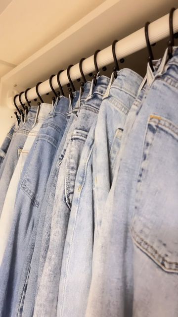 Summer on Instagram: "Part one: Jeans! Shower curtain hook hack 👏🏻 I actually love it. #organization #closetorganization #closethack #cleanfreak #2023habits #cleangirlaesthetic #denim #jeans" Jean Organization, Shower Curtain Hook, Closet Curtains, Closet Hacks, Shower Curtain Hooks, Master Closet, Wall Organization, Curtain Hooks, College Dorm