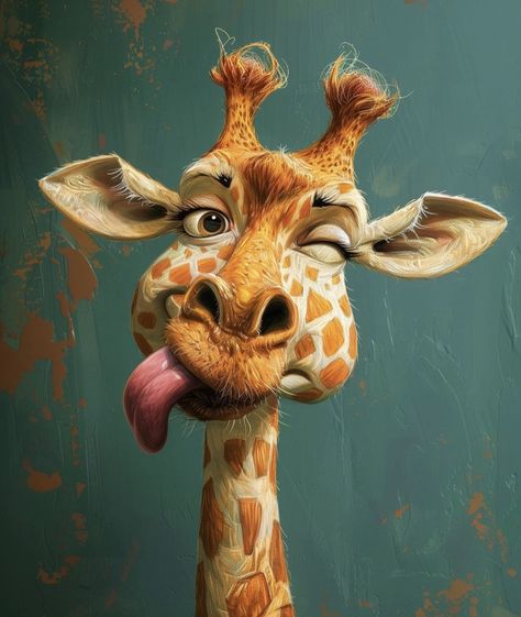 Giraffe Character, Cat Silly, Pfp Cat, Giraffe Pictures, Funny Characters, Animal Caricature, Whimsical Art Paintings, Funny Giraffe, Art Photography Portrait