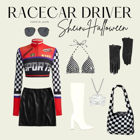 Racecar driver halloween costume outfit inspo Drag Race Outfits Car, Racing Halloween Costumes, Shein Halloween Costume Ideas, Formula 1 Costume Women, Car Racing Outfit For Women, Race Driver Costume, Shein Costume Ideas, Race Girl Costume, Racer Fits