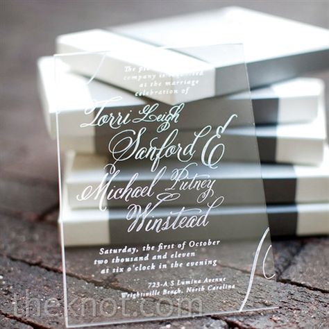 I have no idea how much these would cost but they look really cool!  Clear Acrylic Invitations Clear Acrylic Wedding Invitations, Acrylic Invitation, Wedding Invitation Kits, Acrylic Wedding Invitations, Acrylic Invitations, Invitation Kits, Fun Wedding Invitations, Invitation Inspiration, Invitation Wedding