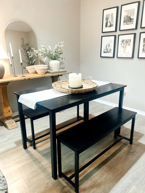 Bench Dining Table Decor, Black Bench Dining Table, Bench Table Decor, Bench Table Dining Room, Bench Style Dining Table, Black Dining Table Decor, Black Dining Bench, Minimalist Dining Room Table, Table With Bench