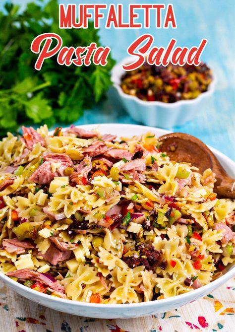 Muffaletta Pasta Salad recipe Muffaletta Pasta Salad, Muffaletta Pasta, Muffuletta Salad, Muffaletta Recipe, Muffuletta Recipe, Olive Salad Recipe, Cheese All, Sliced Salami, Pepperoncini Peppers