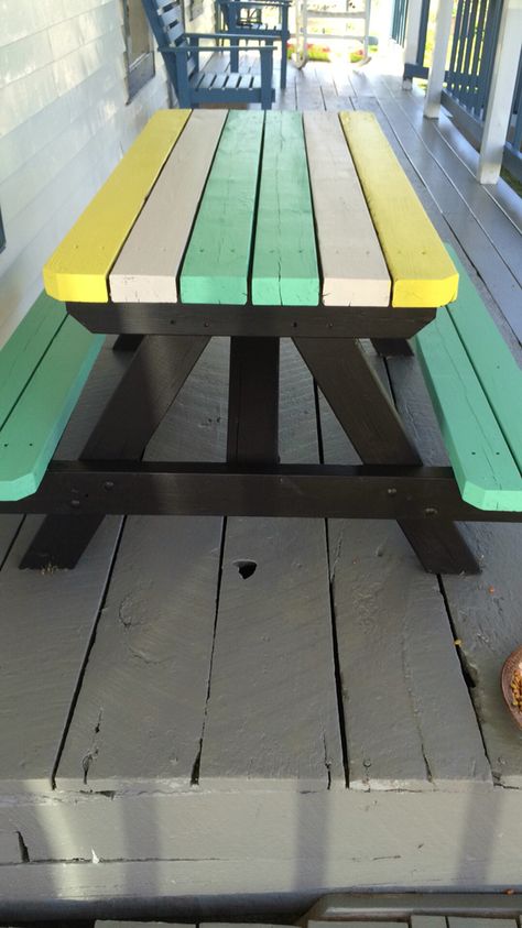 Colorful Picnic Table, Painted Picnic Table Ideas, Patio Hacks, Snowball Stand, Painted Picnic Tables, Picnic Benches, Colorful Picnic, Painted Tables, Diy Picnic Table