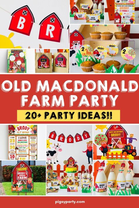 Old Macdonald Farm Party Decor Ideas Farm Photo Booth, Barnyard Birthday Party Decorations, Farm Party Games, Old Macdonald Birthday, Farm Party Decor, Farm Birthday Shirt, Nursery Rhyme Party, Farm Party Ideas, Farm Party Decorations