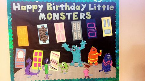 Monsters Inc. October Birthday Board Disney Classroom Birthday Board, Disney Birthday Bulletin Board Ideas, October Birthday Board, Kindergarten Teacher Classroom, Kiddie Academy, Monster University Birthday, Monster Theme Classroom, Halloween Classroom Door, Decoration Class