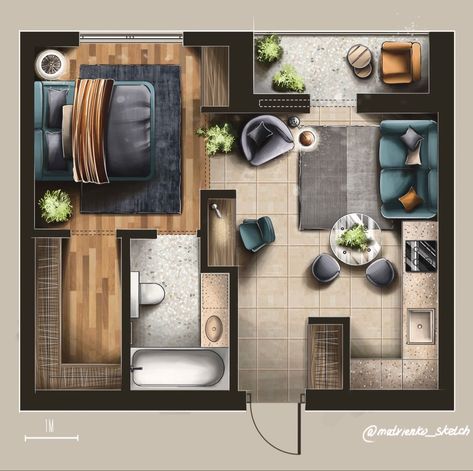 Drawing Room Concept, Apartemen Studio, Interior Design Sketchbook, Rendered Floor Plan, Room Concept, Interior Design Student, Interior Design Renderings, Interior Architecture Drawing, Interior Design Plan