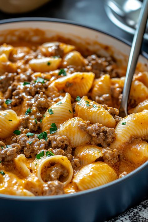 Creamy Beef and Shells is a comforting, rich dish that combines tender pasta shells with savory ground beef in a luscious, cheesy sauce. It’s the perfect balance of flavor and indulgence, ideal for busy weeknights or whenever you’re craving a hearty, home-cooked meal. This quick and easy recipe will become a regular on your dinner Pasta Recipe With Ground Beef, Beef Quick Dinner Recipes, Creamy Beef Pasta Recipes, Easy Dinner Recipes Healthy Beef, Dinner With Ground Beef Easy, Pasta With Ground Beef And Sausage, Big Pasta Recipes, Beef Cheese Pasta, Cheesy Beef Noodles