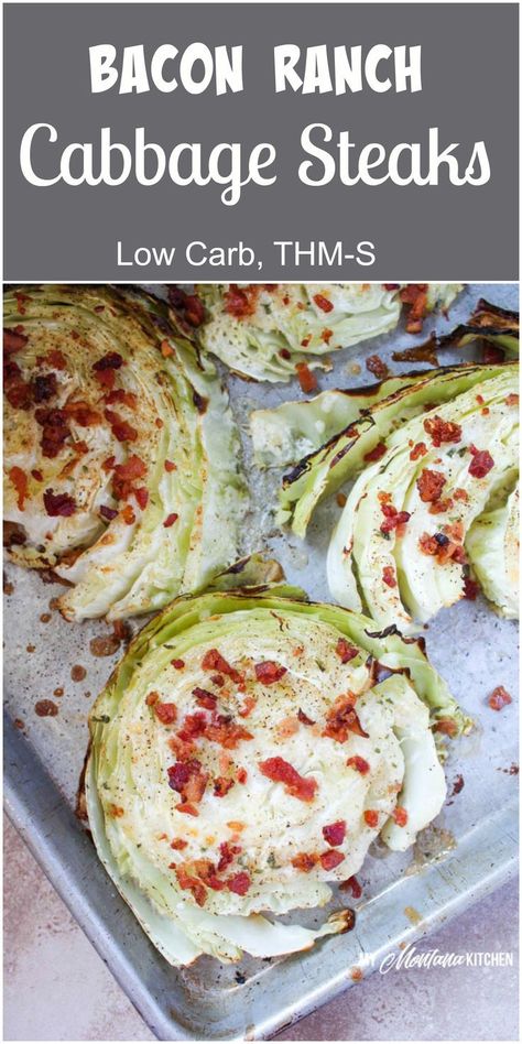 Bacon & Ranch Cabbage Steaks - an easy low carb side dish that also works as a Trim Healthy Mama S Recipe. One of the best side dish cabbage recipes. #trimhealthymama #lowcarb #thm #thms #cabbagerecipe #cabbage #ranch #bacon #cabbagesteaks #healthysidedish #thmsidedish #lowcarbsidedish Cabbage Steak, Recipes Cabbage, Shake Recipes Healthy, Kitchen Videos, Roasted Cabbage Steaks, Low Carb Side Dish, Low Carb Side, Cabbage Steaks, Steak Side Dishes