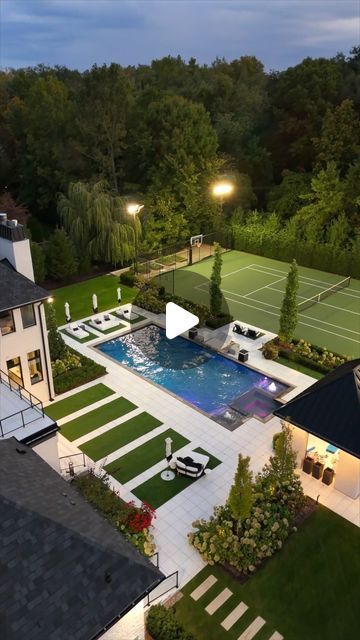 Backyard Landscaping With Pool Ideas, Luxury House Backyard, House With Basketball Court, House With Tennis Court, Backyard Tennis Court, Tennis Basketball Court, Tennis Court Backyard, Outdoor Amenities, Modern Barn Style