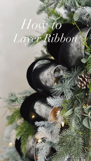 Jeanna Crawford on Instagram: "My favorite way to layer Christmas ribbon ✨ Start with you thickest ribbon.. (here I am using a 4” @farrisilk Silver Metallic Moire) Tuck your ribbon into the tree and wrap it around a branch, continue this as many loops down the tree as you want! Next, I am going in with my thinner ribbon (a 2 1/2” Black Velvet) and placing it over my first, tucking and wrapping as I go! It’s as easy as that 😘 Christmasers you got this! My ribbon is from ShopWithJLC (link in m Christmas Tree With Black Ribbon, Black Ribbon Andmckenzievlurtlycgevk Cobo On Tree, Black And Gold Ribbon On Christmas Tree, Black Ribbon On Christmas Tree, Black Velvet Ribbon Christmas Tree, Black Bows Christmas Tree, Trees With Ribbon Decorating, Black Ribbon Christmas Tree, Black Velvet Bows Christmas Tree