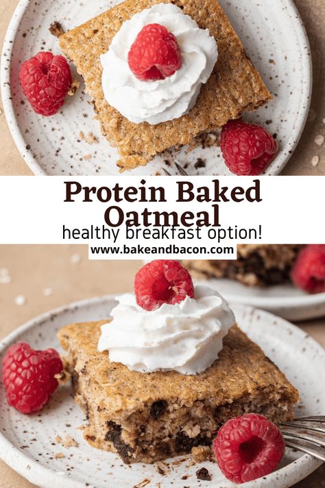 Baked Oatmeal Healthy Protein, High Protein Breakfast Baked Goods, Premier Protein Baked Oatmeal, Baked Protein Oats Breakfast, Protein Baked Oats Meal Prep, Oatmeal Bake Breakfast Healthy Protein, Protein Blended Oats, Baked Oats No Protein Powder, Baked Oatmeal With Protein Powder